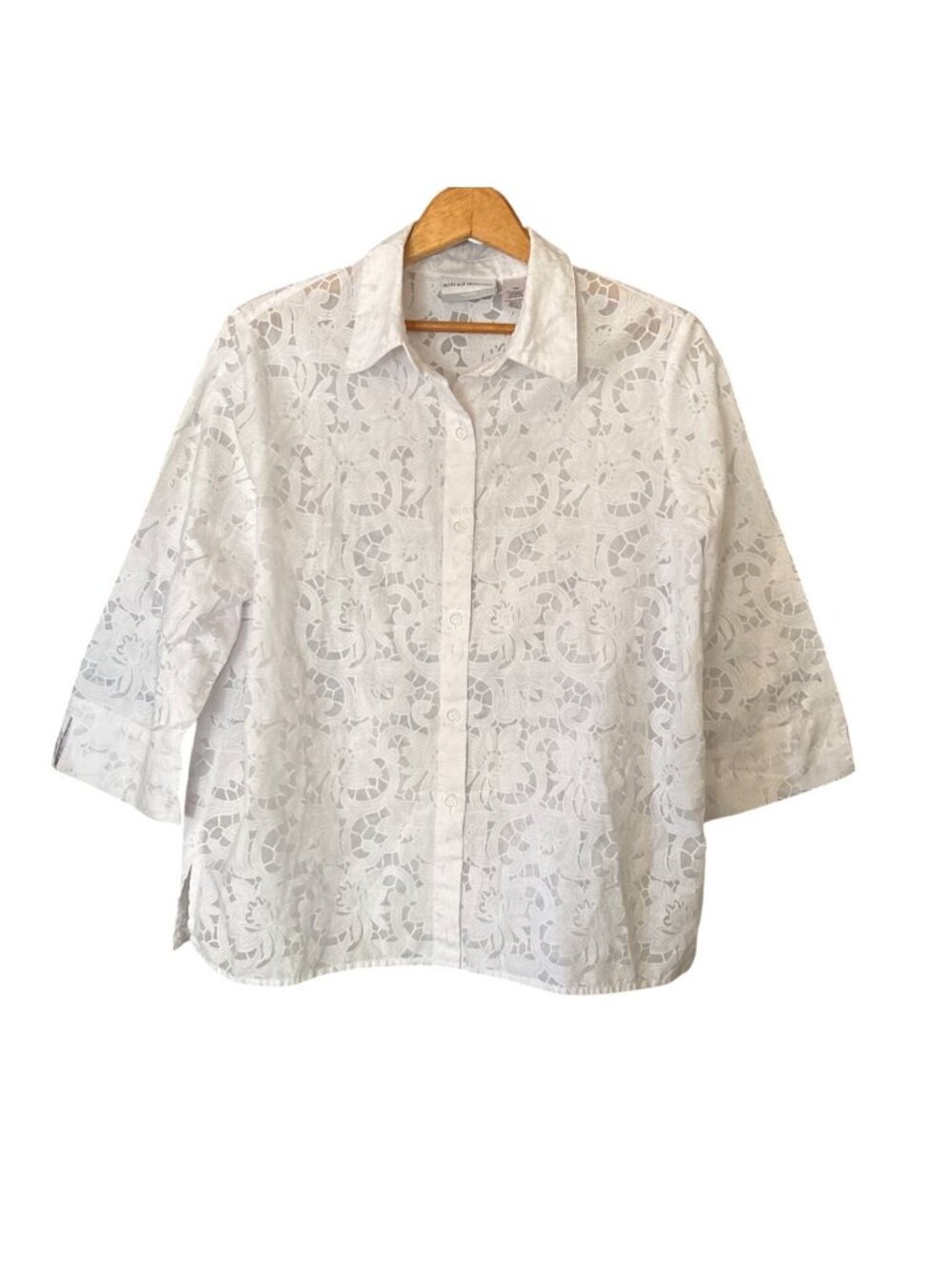 Women's Alfred Dunner Shirt 12P White Cotton Blend Floral Eyelet 3/4 Sleeve VGC